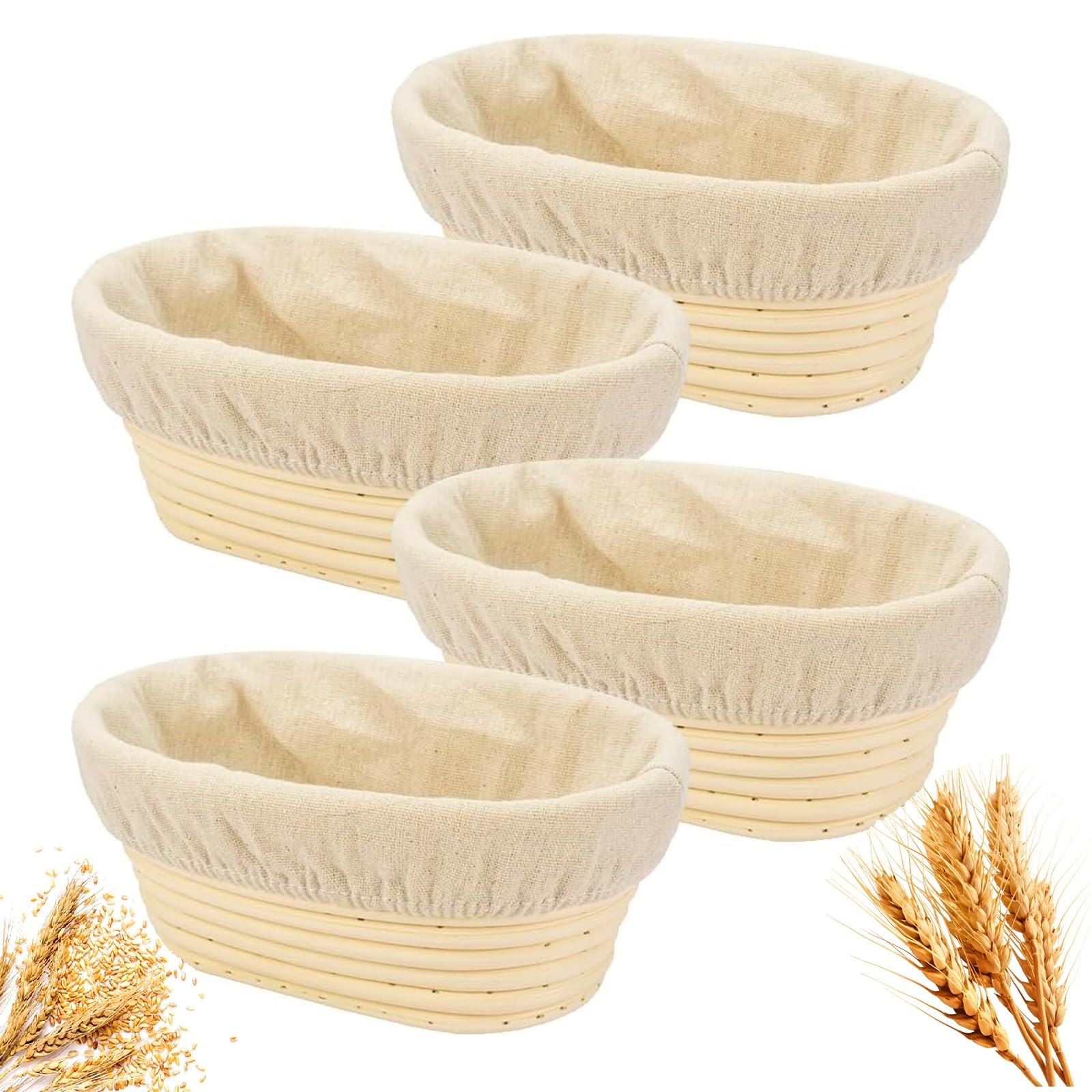 Banneton Bread Proofing Basket - Banneton Basket Set of 4 Pack 8 inch Oval Sourdough Proofing Basket with Liner - Handmade Rattan Proofing Rising Bowl for Artisan Bread Making Baking Supplies