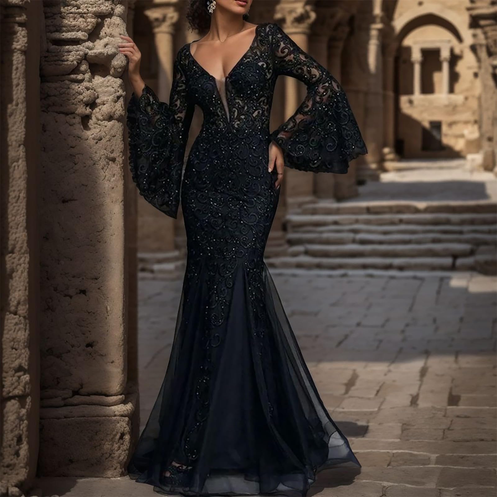 2026 Dames élégantes Slim Fit Fishtail Longue de Banquet soirée en Dentelle pour Femme