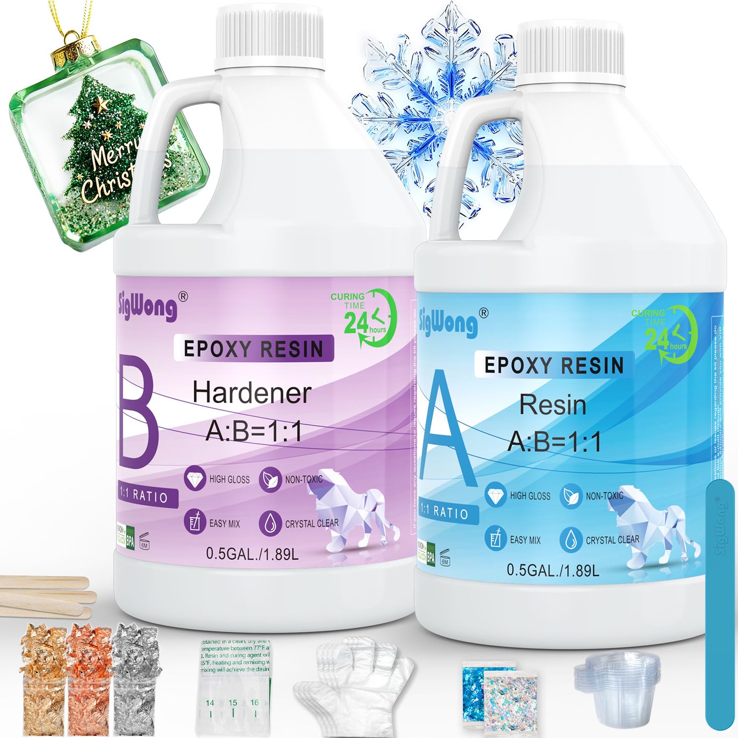 Epoxy Resin - 1 Gallon Crystal Clear Coating Kit, Not Yellowing No Bubble Easy Mix 1:1 Ratio, 2 Part Casting Resin for Art, Craft, Jewelry Making, River Tables, with Gold Foil Flakes, Glitter Flakes