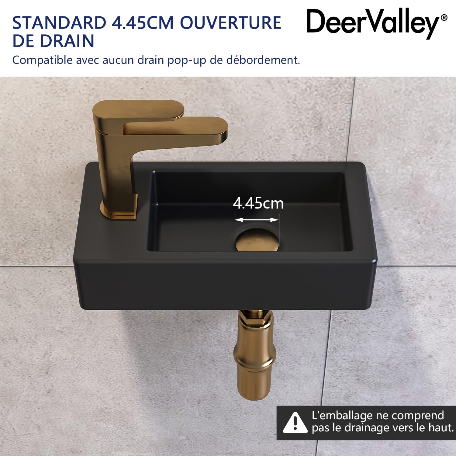 DeerValley Vasque Lave Main Mini Meuble Lavabo suspendu en céramique pour salle de bain Noir Mat en Céramique pour Petit Espace (Main Gauche)