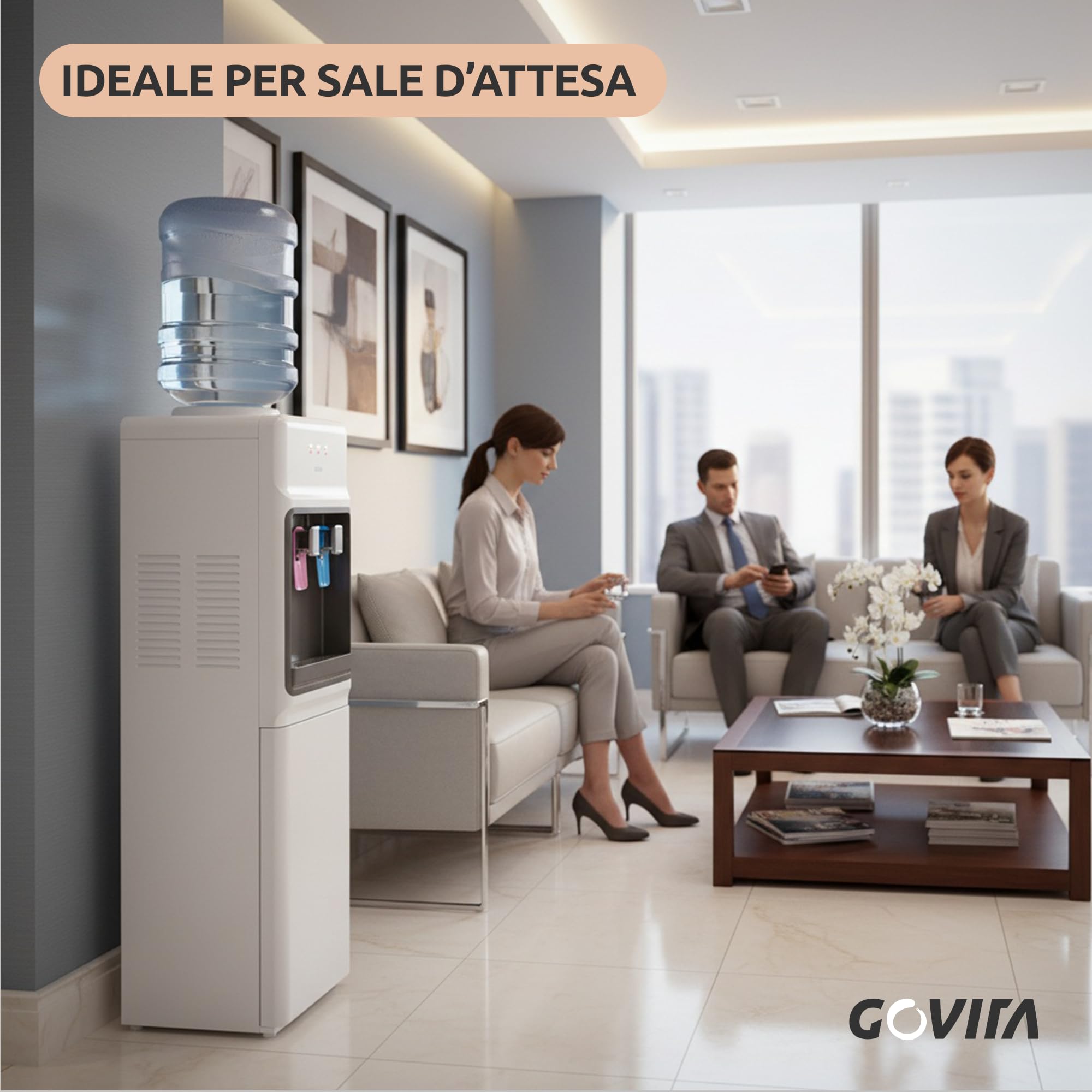 GOVITA - Dispenser Acqua a Colonnina a Boccione 18L – Erogatore Acqua Fredda Calda e Ambiente con Compressore – Distributore Acqua Refrigerata per Casa e Ufficio - con portabicchieri