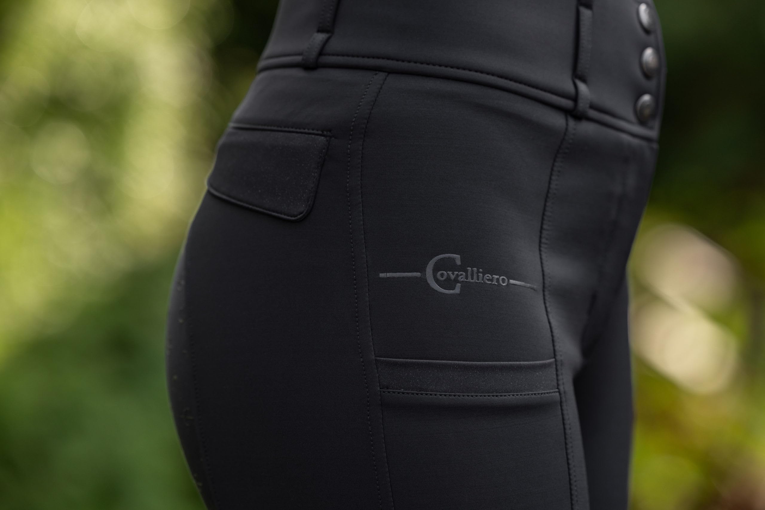 Covalliero Pantaloni da Equitazione Highwaist, Legging da Equitazione, Abbigliamento da Equitazione, Nero, Taglia 44, Poliammide, Donna, Pratica Tasca per Il Cellulare, Larga Cintura