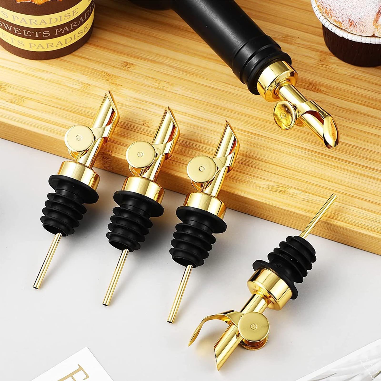 3er Pack Selbstschließender Ausgießer Edelstahl in Gold, Flaschenausgießer für präzises Ausgießen von Alkohol, Olivenöl und Essig mit Reinigungsbürsten