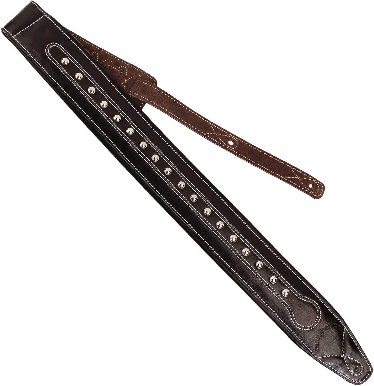 Walker & Williams C-35-CS Handmade Black and Brown All Top Grain Leather Padded Guitar Strap with Metal Studs For Acoustic, Electric, And Bass Guitars
