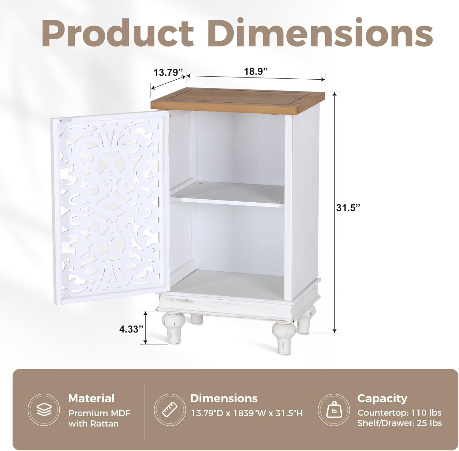 PHI VILLA Small Accent Storage Cabinet with Single Door - Decorative Nightstand for Living Room Bedroom, End Side Table Cabinet White