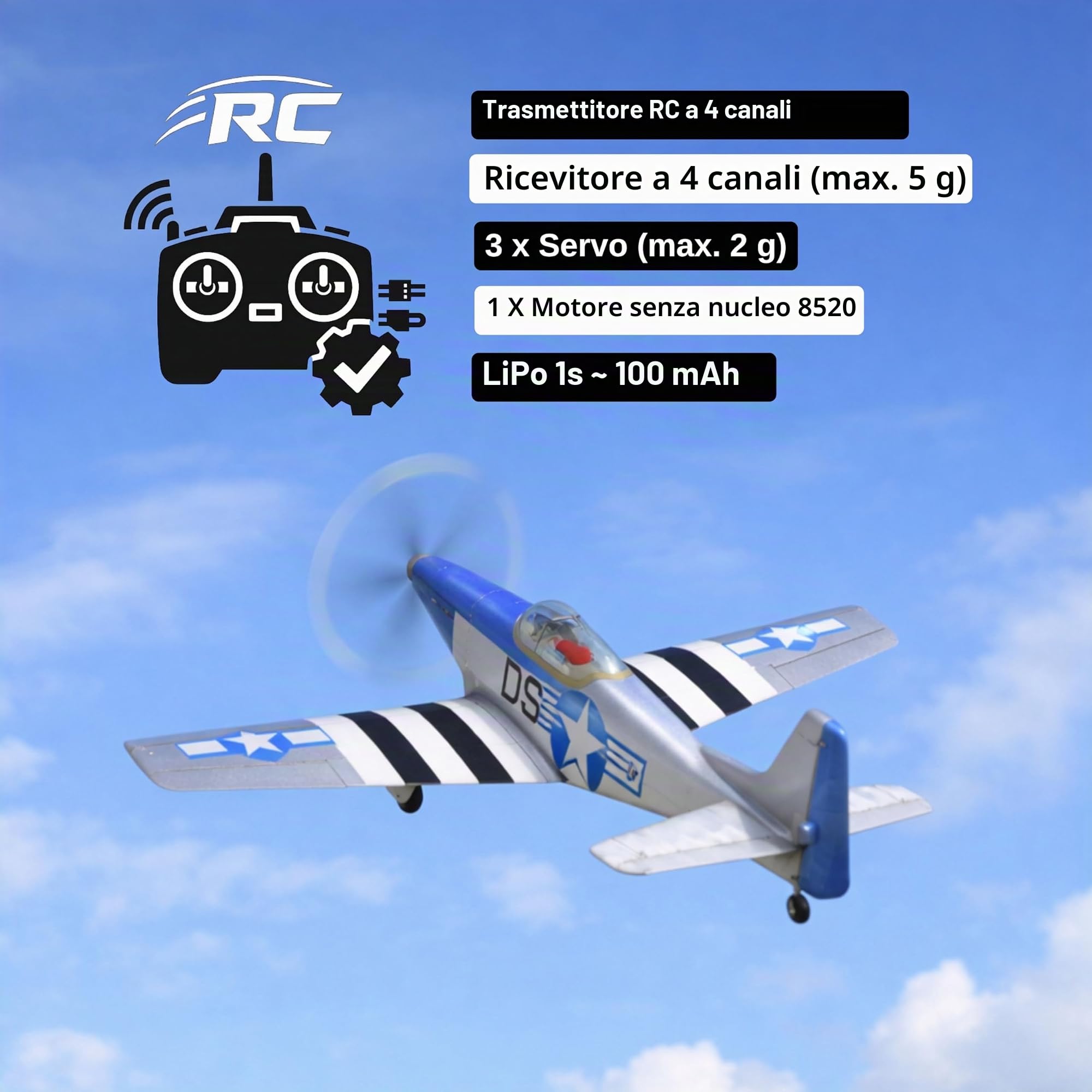 Kit aeroplano P-51 D Mustang Slow Flyer, scala 1:30, apertura alare 400 mm, kit aeroplano RC, aeroplano in legno da costruire, componenti in legno di balsa tagliati al laser, 400 x 360 x 122 mm