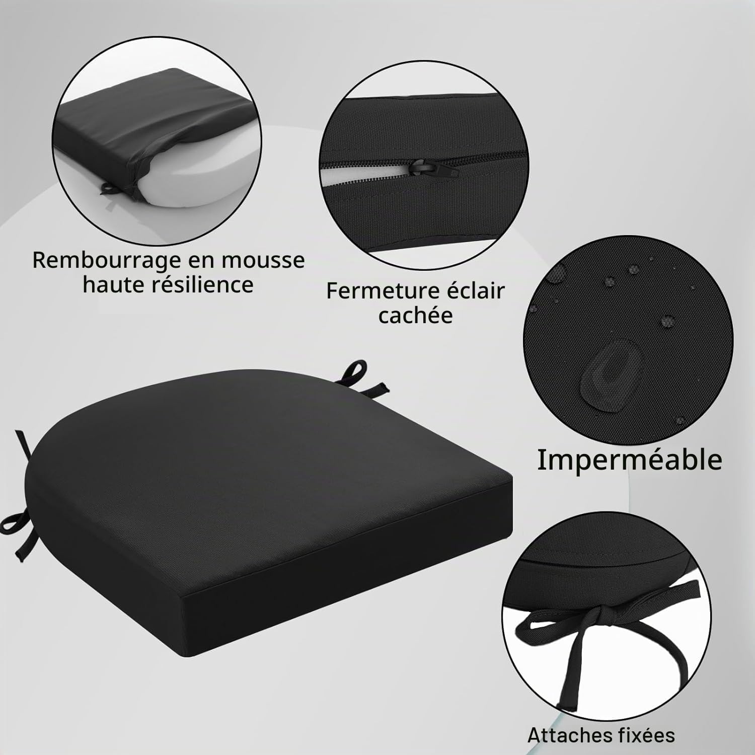 Ensemble de 2 coussins de chaise de jardin, épais de 7 cm, coussins de siège imperméables pour patio avec attaches pour meubles d'extérieur, coussins de chaise en forme de U pour la salle à