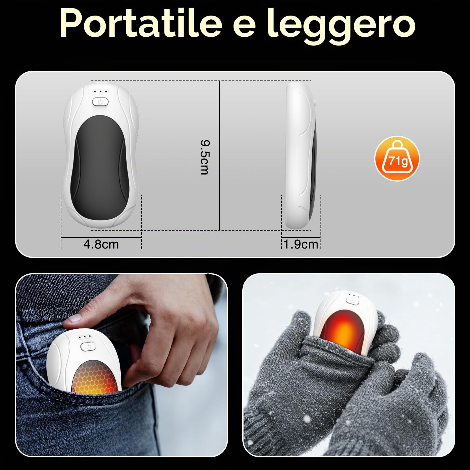 Scaldamani Ricaricabile, 2 Pack Elettrico Portatile, Durata Elettrico Tascabile Scaldamani con 3 Livelli di Calore per Esterno, Campeggio