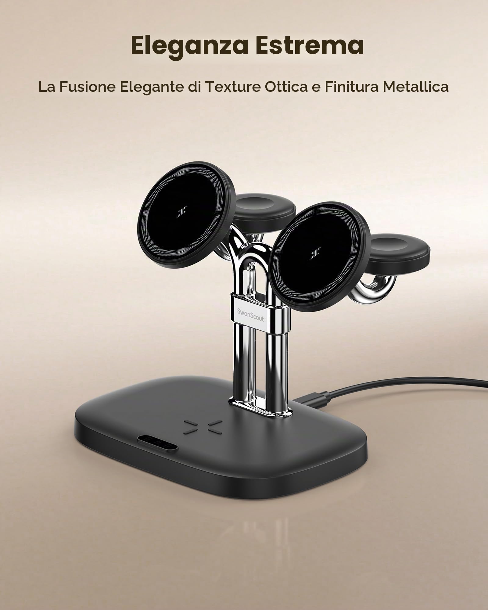 5-in-1 Stazione di Ricarica Wireless per Dispositivi Apple, Caricatore Magnetico Doppio per iPhone Air/17/16/15/14/13/12, Ricarica Veloce Doppia 5W per Apple Watch 11/10/Ultra 3/SE 3, SwanScout 902M