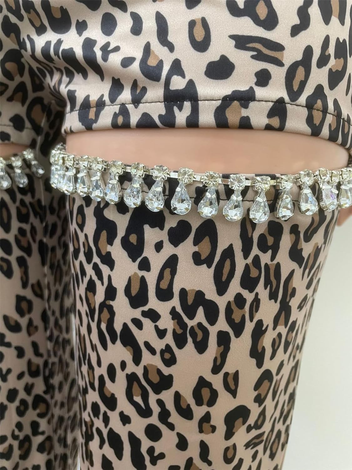Womens Sexy High Waist Cut Off Leopard Printed Rhinestones Bodycon Party Clubwear Pants
