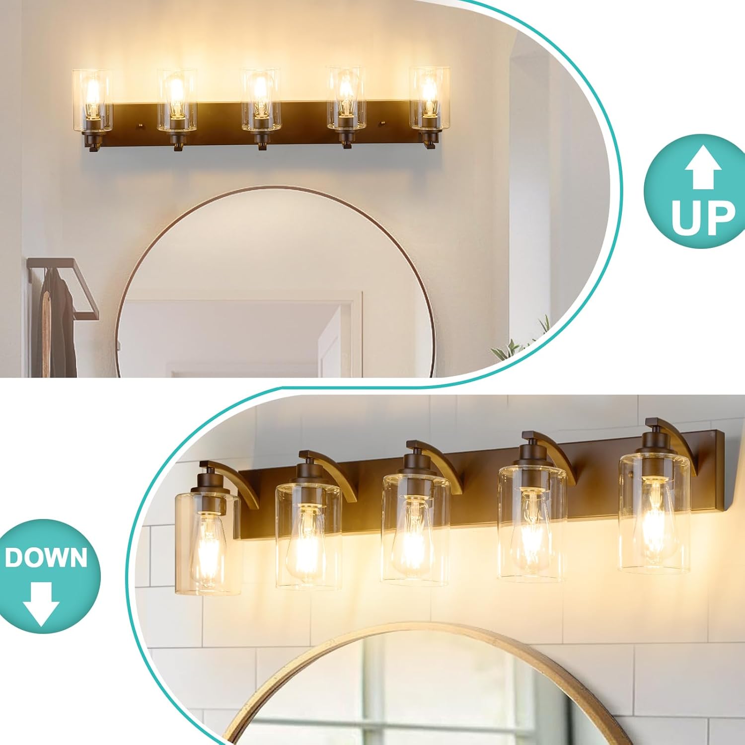 5-Light Bathroom Light Fixtures Modern ORB Vanity Lights for Bathroom Lighting Fixtures Over Mirror with Clear Glass Shade for Cabinet Mirror Bedroom Hallway