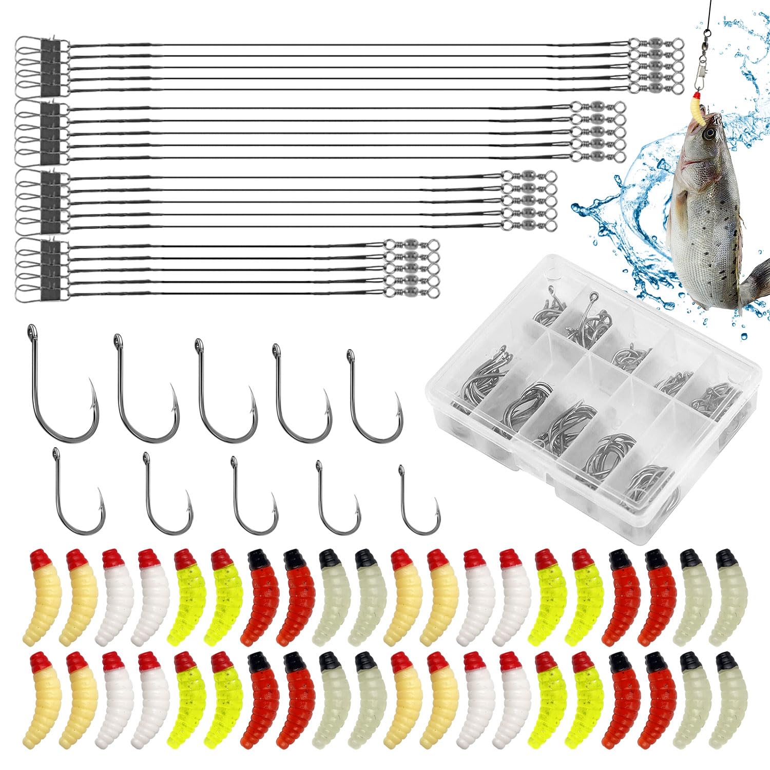 Kit de Pesca con 370 Artículos 100 Anzuelos de Pesca en Acero Carbono (3-12#) en Estuche 250 Señuelos Black Bass PVC (5 Color) 20 Alambre Guía Acero (15/20/25/30 cm) Señuelos para Pescar Noche/Fondo — view 2