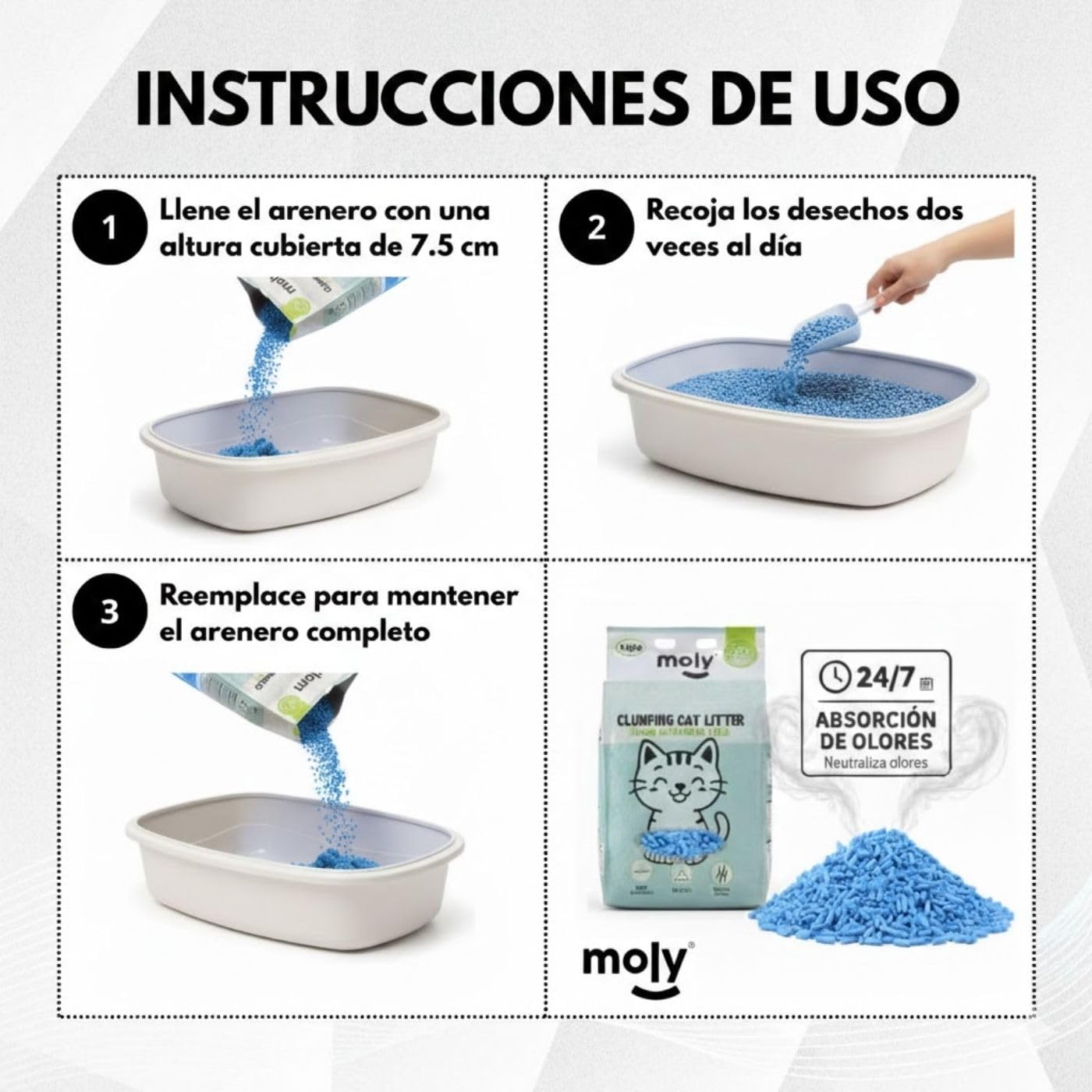 MOLY x6 Arena de Gatos Tofu de Maiz y Bambu 16,8 KG 22,2 L | Arena Biodegradable y Aglomerante Alta Absorcion con Aroma de Talco | Control Total de Olores | Sin Polvo | Lecho Mineral