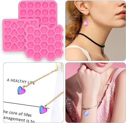 Miniatura 5 de Juego de 3 piezas de mini molde de silicona brillante, mini corazónhexágonocírculo para aretes de oreja, molde de resina epoxi para manualidades,