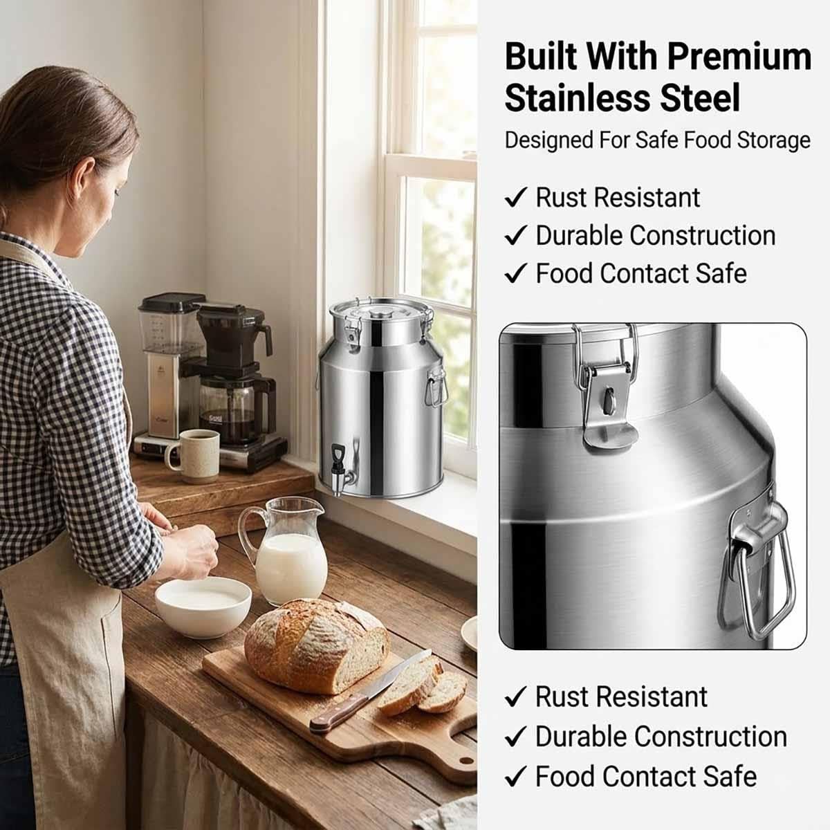 Cántara De Leche De Acero Inoxidable Jarra Con Grifo Recipiente De Aceite | Dispensador Con Tapa De Sellado De Silicona Asas Para Almacenar Vino Bebidas Agua En Restaurante(With faucet,35L)