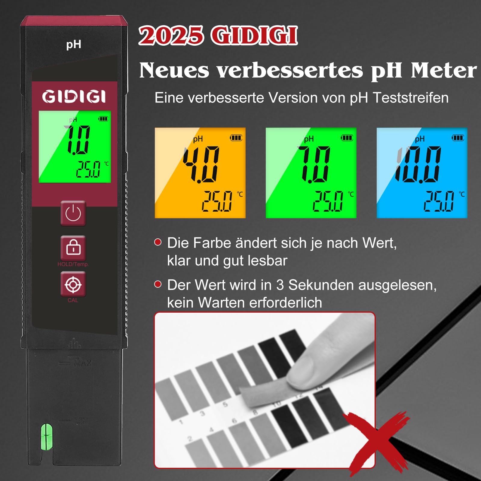 Digitales pH Messgerät für Wasser mit LED, pH-Tester mit Farb-LED-Bildschirm, ATC, für Pool, Hydrokultur, Spa, Aquarium, Trinkwasser