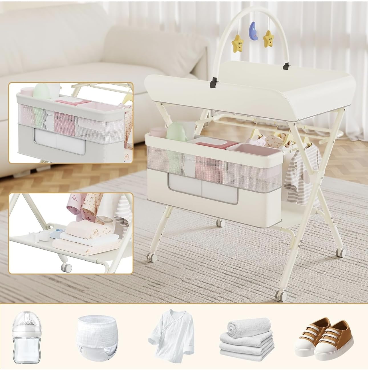 richtots Premium Diaper Changing Table with Scale Pattern, Baby Care, Baby Diaper Changing Table, Rolling Crib, Diaper Changing Table, Baby Rack, 3 Adjustable Levels, Foldable(Color-Grey) - Image 8 thumbnail