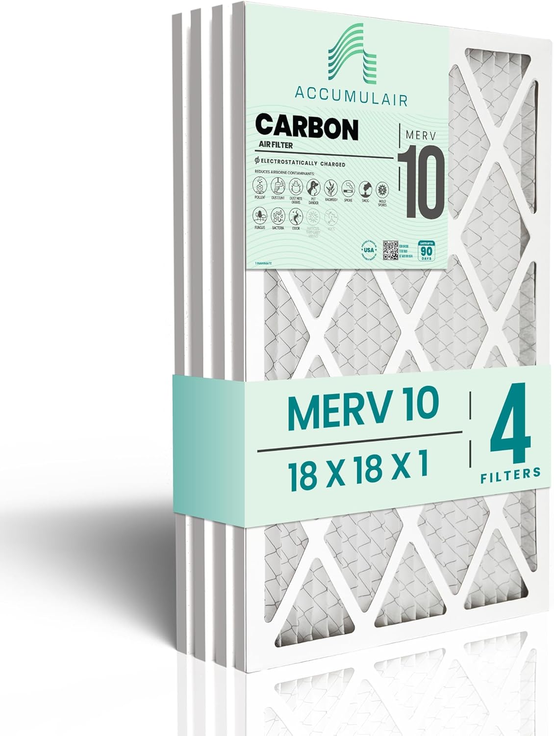 Accumulair Carbon 18x18x1 MERV 10 HVAC Air Filter (4-Pack) | Replacement Air Filter for AC and Furnace | Made in USA | Actual Size 17.75 x 17.75 x 0.75 18x18x1 (4-Pack)