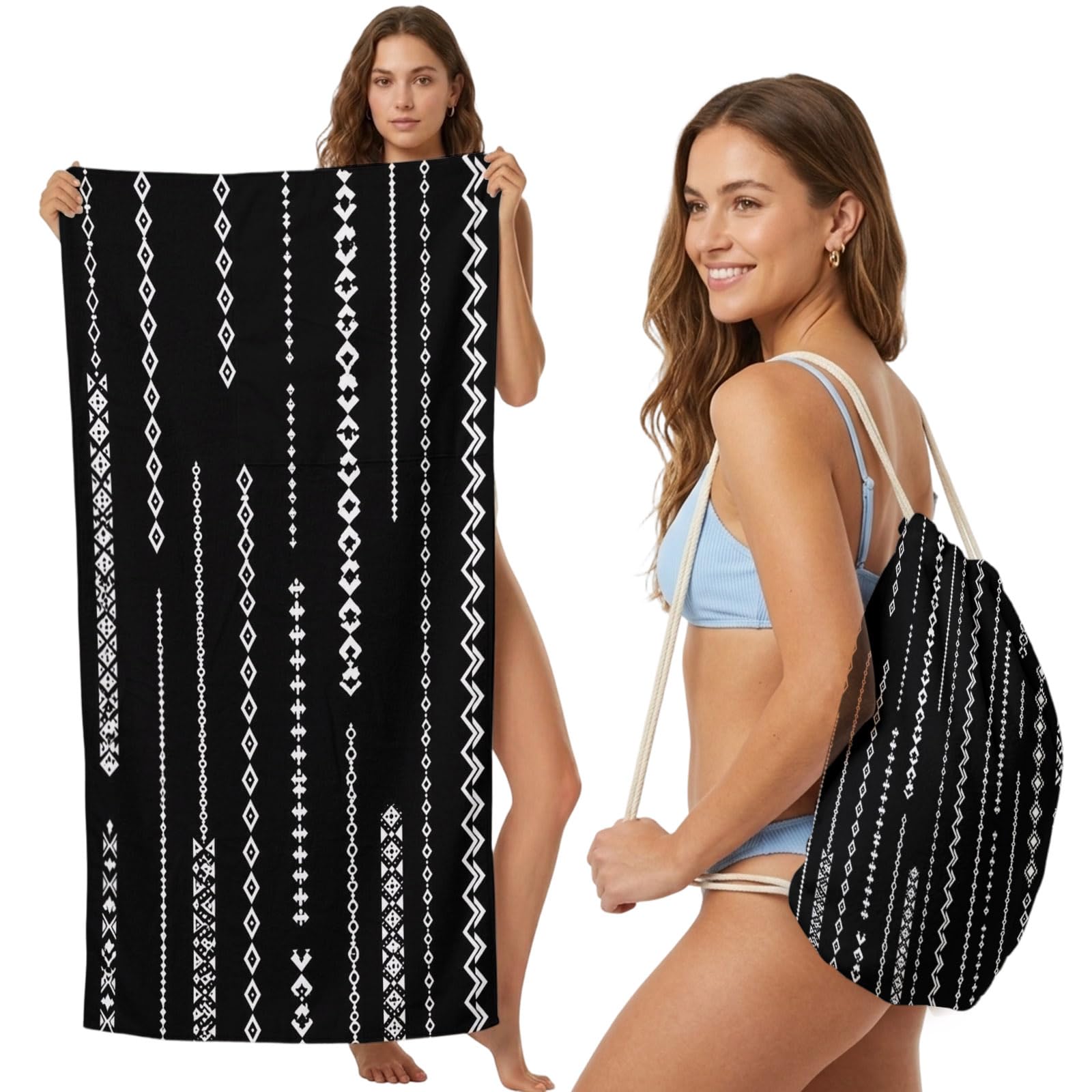Beach Towel Bag 2 in 1 Black Stripes Bath Pool Towels Backpack Bohemian Diamond Striped Absorbent Beach Towel Soft Quick Dry Lightweight Packable Towels Drawstring Bag for Travel Camping Sports Yoga