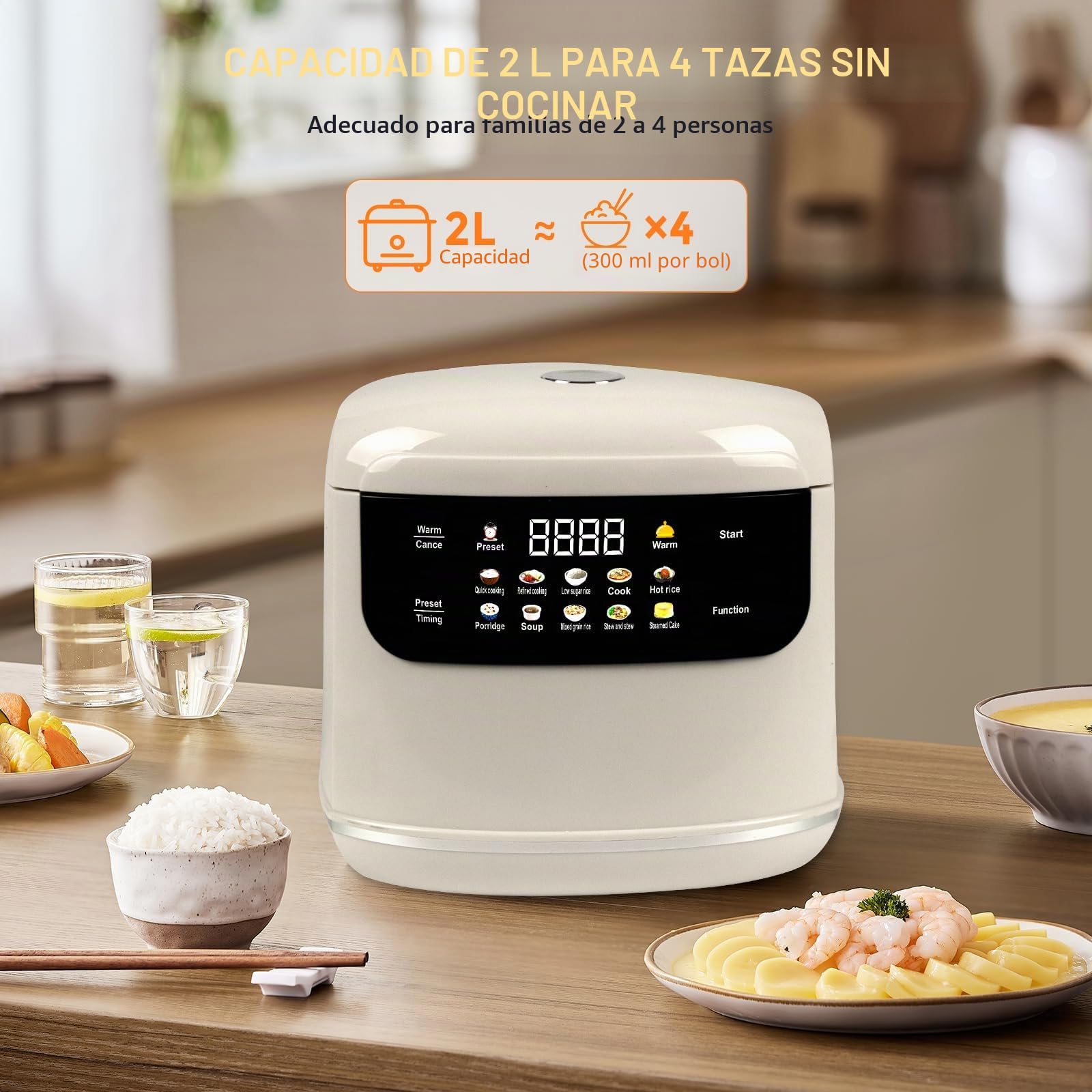 Arrocera Low Sugar 2L, arrocera 10 en 1 con vaporera y temporizador | Con función baja en carbohidratos, mantener caliente 8 h y temporizador 24 h, fácil de limpiar para uso diario