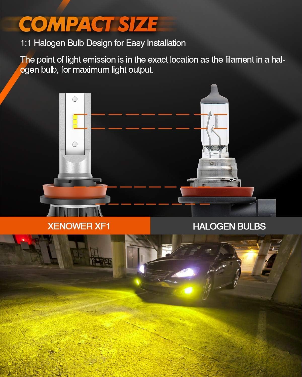 SEALIGHT H8 H16 H11 LED Fog Light Bulbs Yellow, 600% Brightness H11 Led Bulb Yellow Fog Lamps, 3000K Amber Strong Penetration H9 H8 Fog Light Bulb for Cars,Trucks, Plug and Play(Pack of 2)