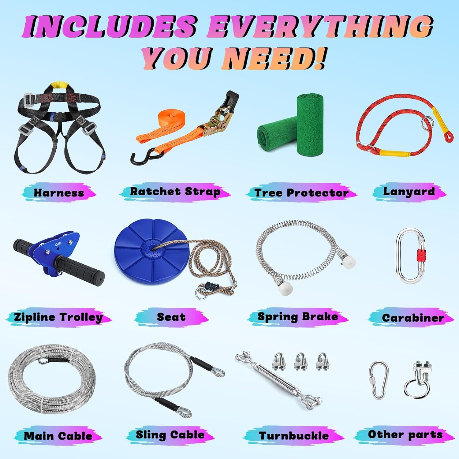 CTSC Kit zip line per giardino, 25 m, kit zip line per bambini e adulti, con freno a molla in acciaio inossidabile, kit di tensionamento, imbracatura di sicurezza, protezioni per alberi (25 m blu)