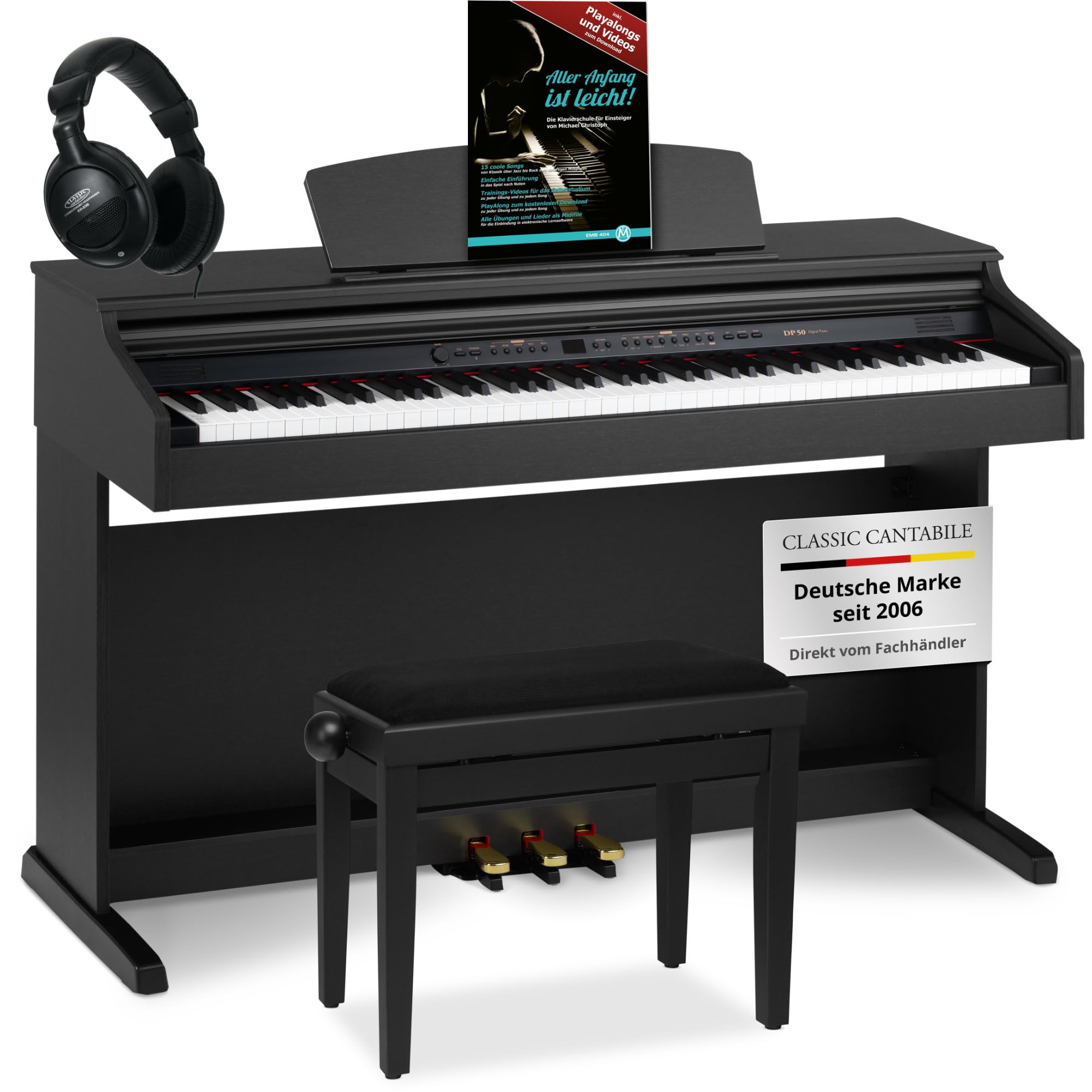 Classic Cantabile DP-50 SM pianino elektryczne, czarny mat, zestaw z ławką, słuchawkami i szkołą fortepianu
