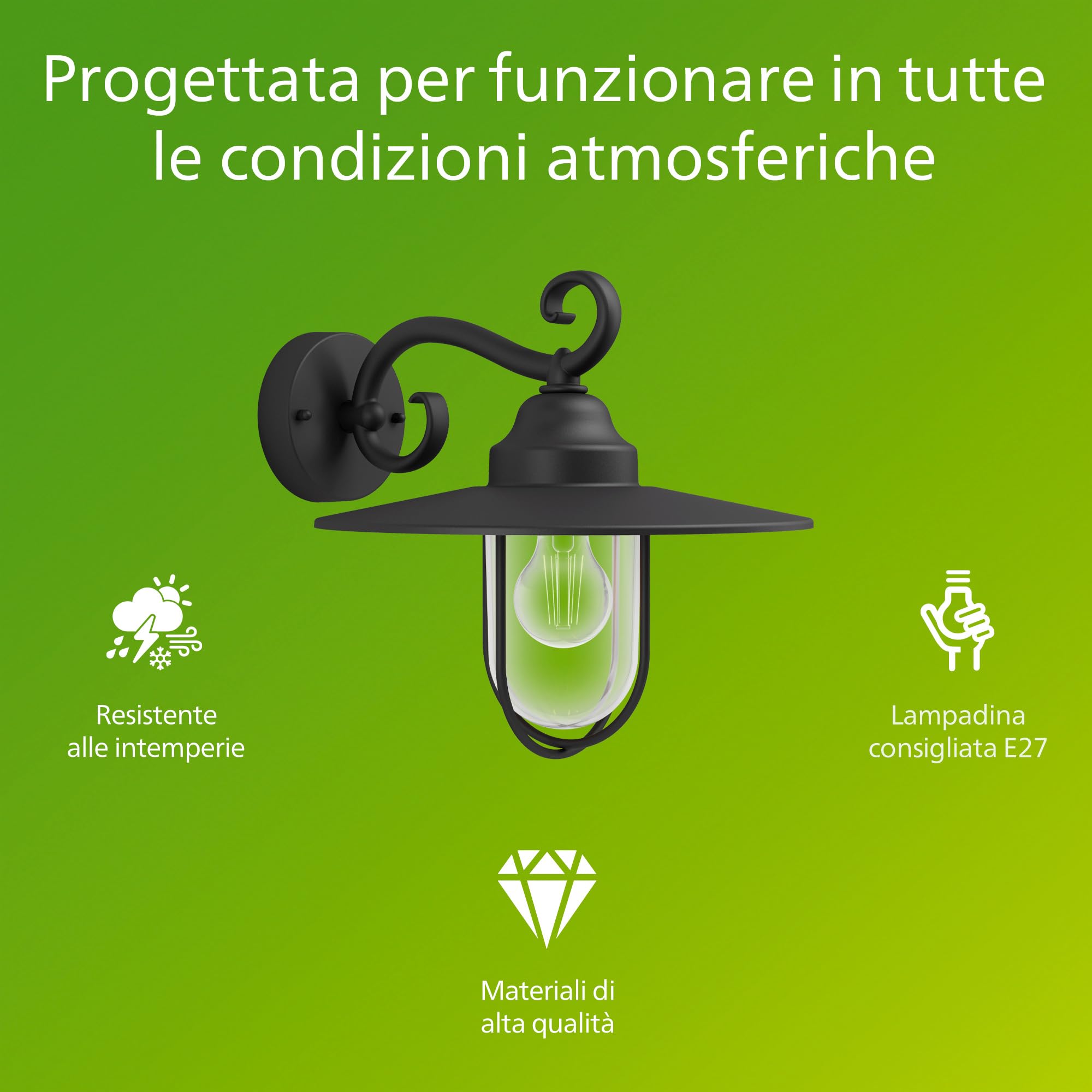Philips Pasture Applique LED, Lampada da Esterno, Resistente a Intemperie IP44, Durevole, Alluminio, Design Classico, Nero, Lampadina E27 Venduta Separatamente