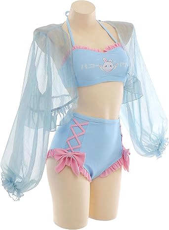 haikyuu Women Cute Bikini Set with Cover up Kawaii Bunny Two Piece Swimsuit Lace-up Bathing Suit