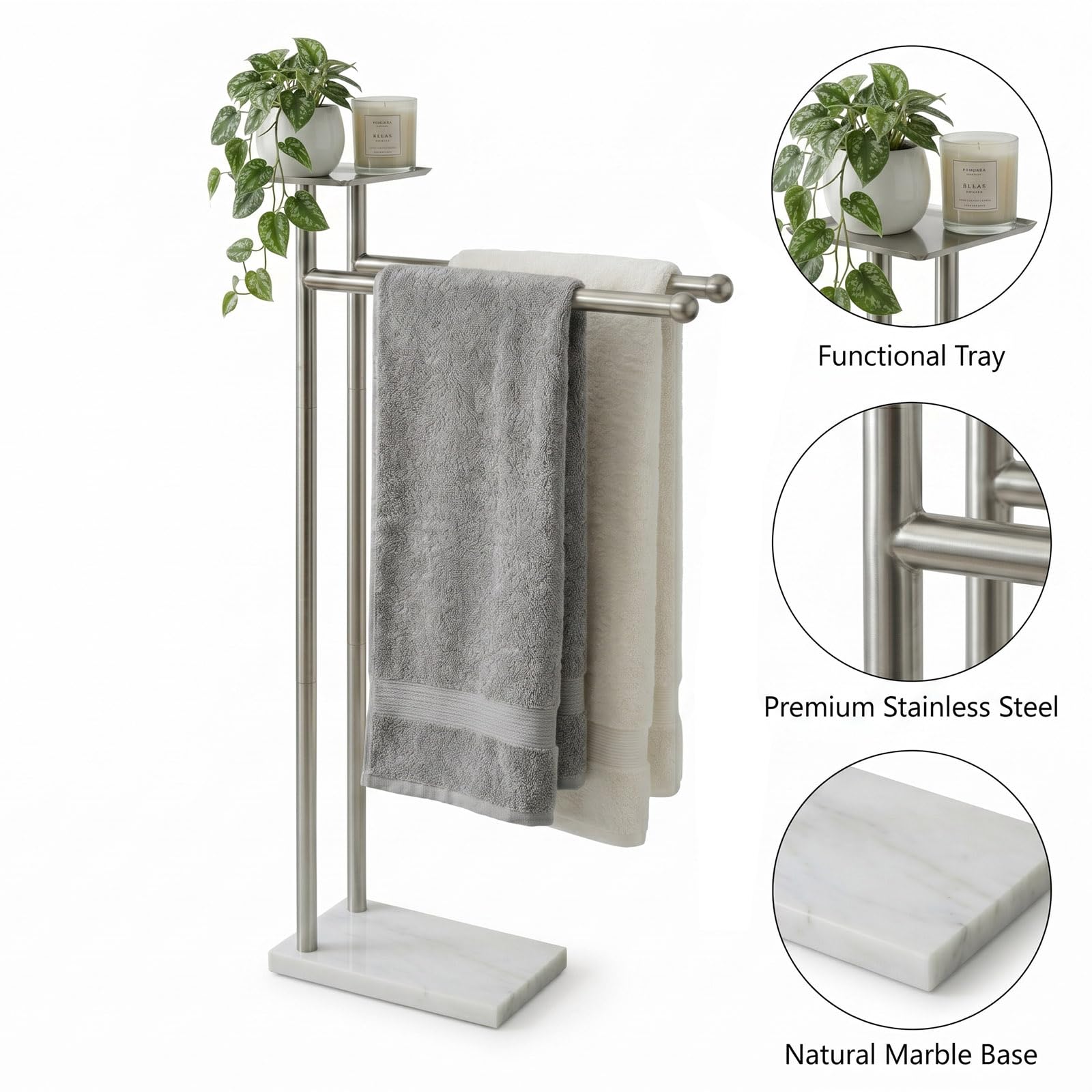 Songtec Toallero para baño, soporte para toallas de baño de 2 niveles para toallas de baño de máximo a 68 pulgadas, práctico estante en la parte superior