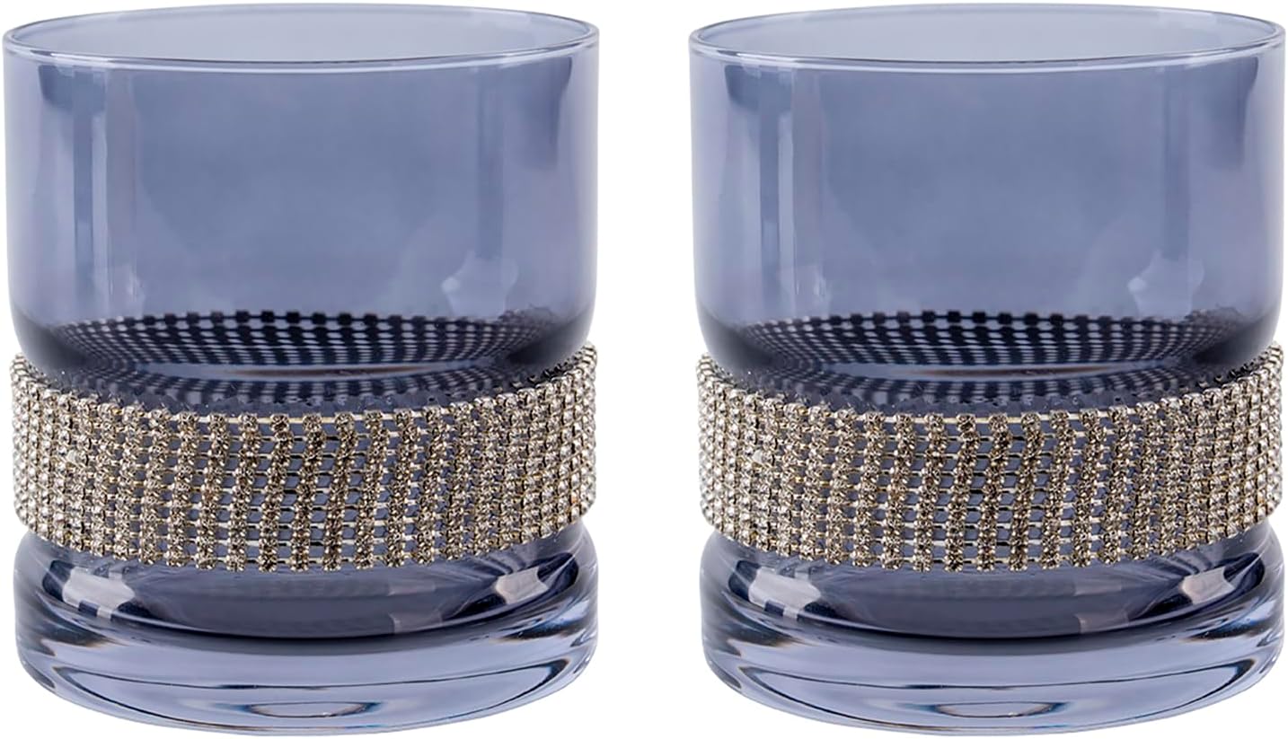 Whiskey Glass Old Fashioned Glasses Rhinestone Decoration Crystal Glass Set of 4 Birthday,Holiday Gifts Gray 2PCS