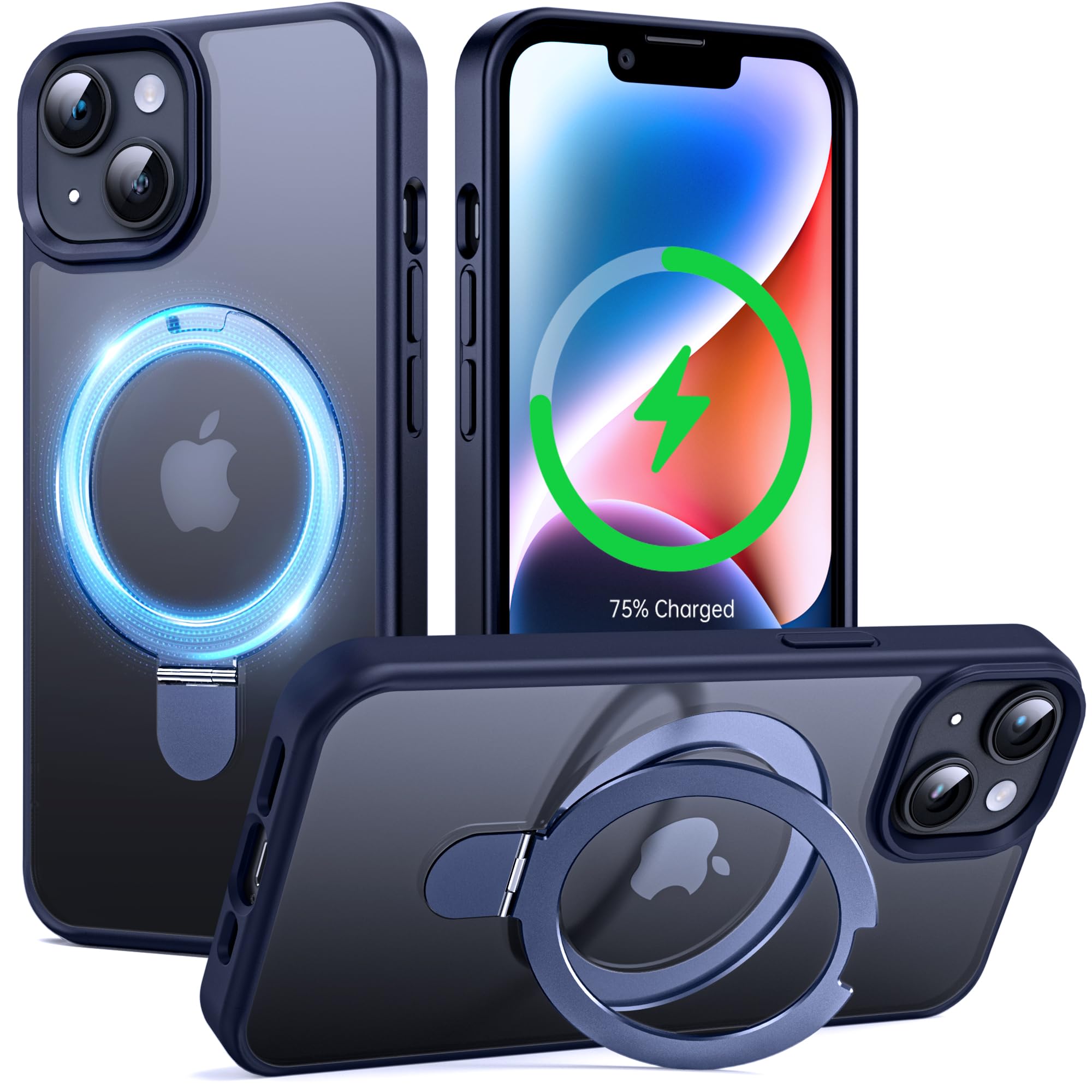 Supdeal iPhone 13/14 用 ケース magsafe対応 リングキックスタンド マット カバー スタンド 耐衝撃 米軍MIL規格 滑り止め 指紋防止 黄变防止 ワイヤレス充電 アイフォン 13/14 携帯電話のケース 6.1インチ (ブルー)