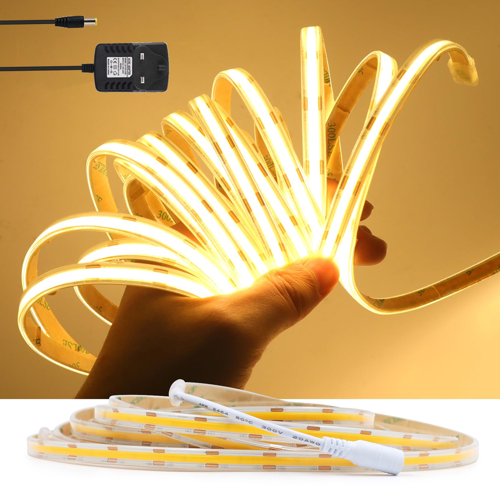 KAFULA 12V COB LED Strip Light [4M, White 6000-6500K], IP65 Waterproof, 480 LEDs/m Flexible FCOB LED Fairy Lights CRI85+, Double Sided Tape Mounting, Cutting Every 5cm, Home Decoration