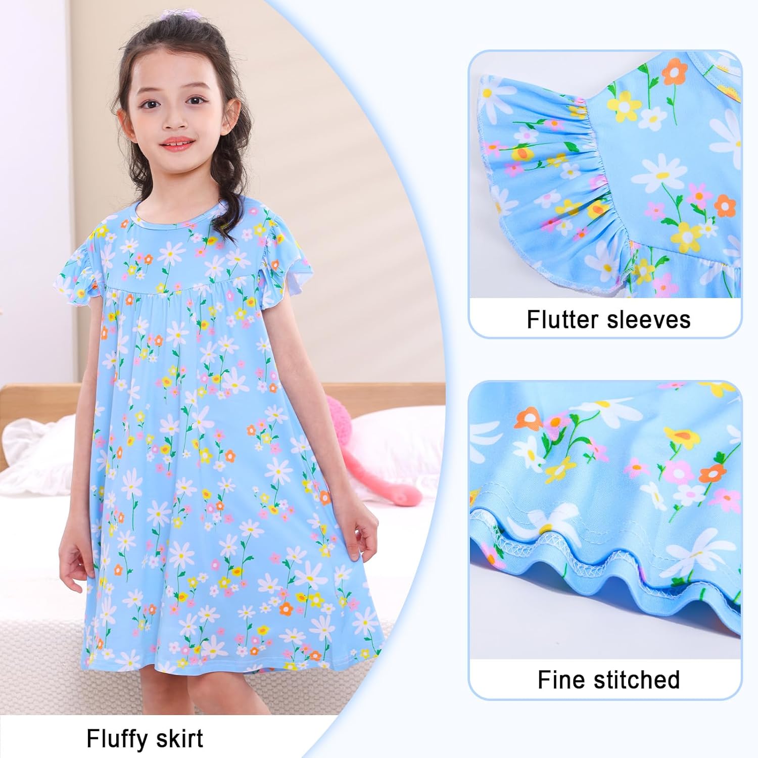 MHJY Girls Nightgowns Flutter Short Sleeves Princess Nightgown Sleepwear Soft Night Dress for Kids Toddler Girls - Image 2