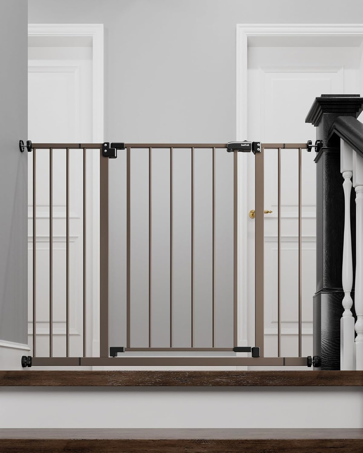 InnoTruth Baby Gate for Stairs 28.9-42.1" Wide, 30" Tall Easy Step Walk Through Expandable Dual Lock Dog Gates for The House, Metal Pressure Mounted Easy Install Pet Gate for Dogs, Brown