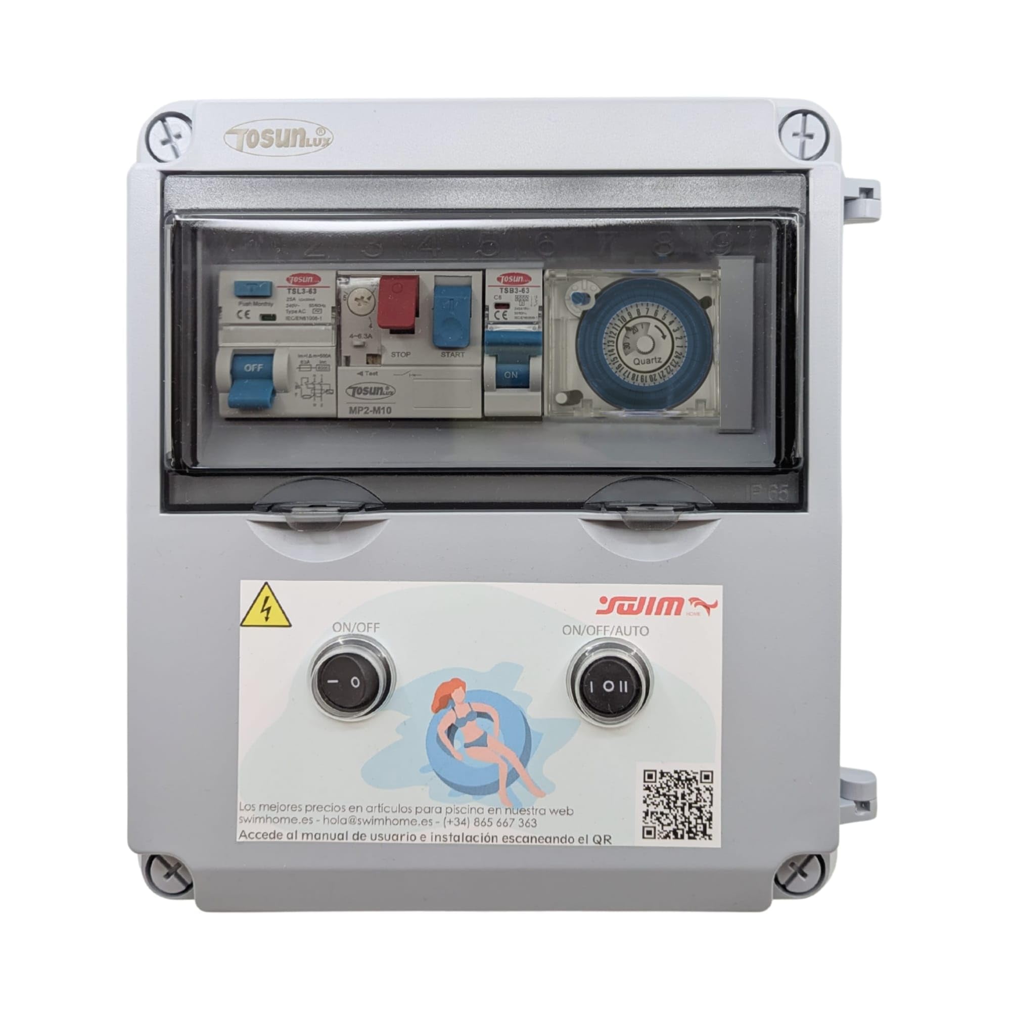 SWIMHOME Cuadro Eléctrico para Piscina Iluminación y Motor | Guardamotor y Transformador | Controlador RGB 4 Hilos | 60W 12DC | Bomba de Agua 0,5CV 2,5-4A