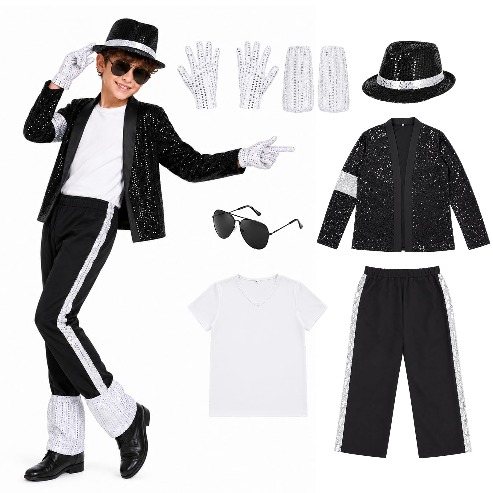 Lyxaof 7PCS Kids Pop Star Costume 70s Disco Outfit Jacket Pants Hat Gloves Sunglasses Halloween Cosplay Fancy Dress (Black, 140)