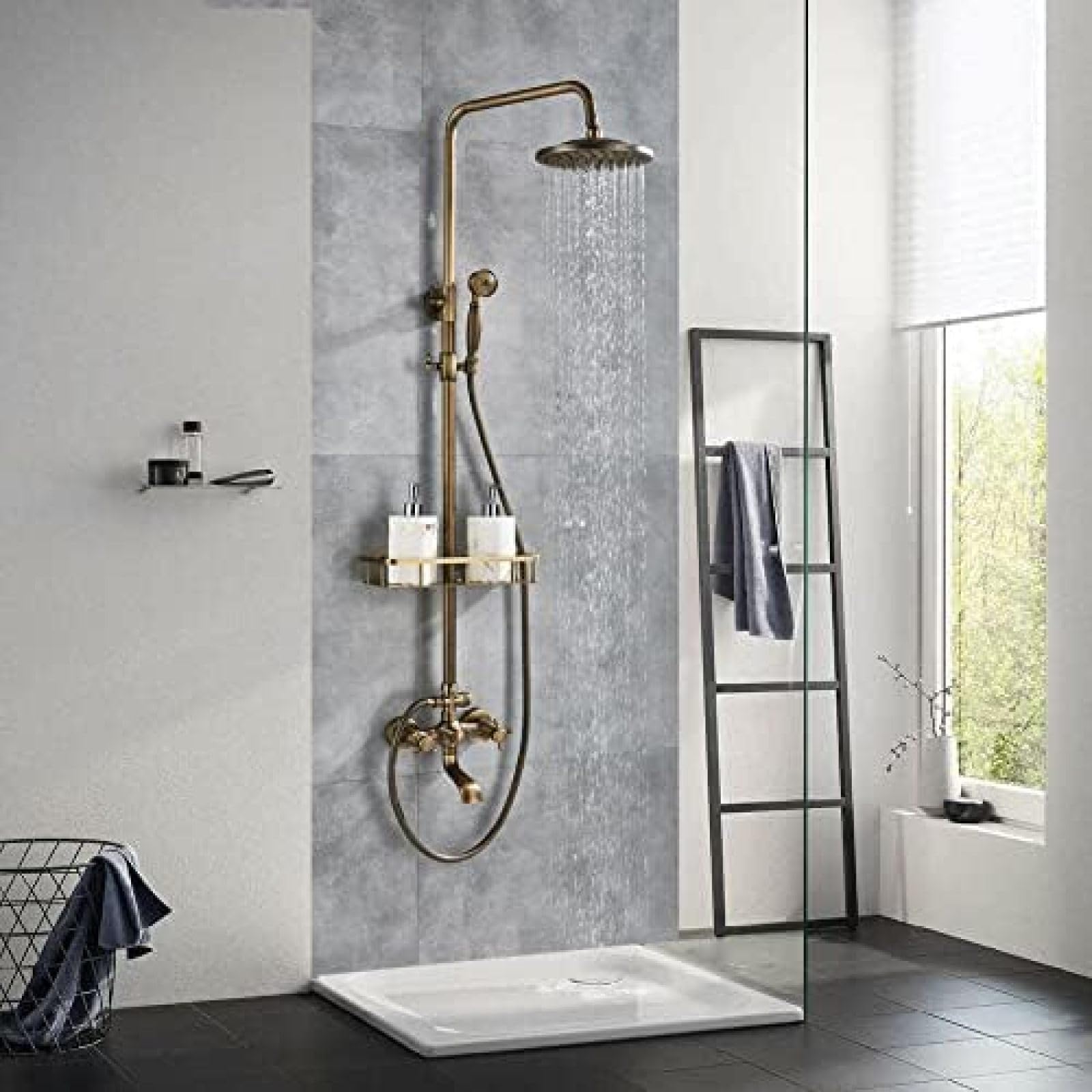 NGDFGR Wall Mounted Shower Faucet Set 8 In Rainfall Head Handheld Shower Bath Filler Hot And Cold Water Mixing Faucet-Rubbed Bronze B,Antique Brass C,Antique Brass G