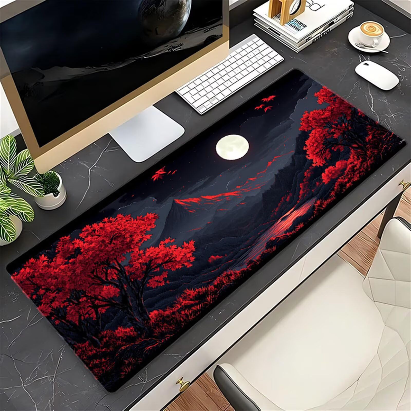 Tappetino per Mouse Gaming XXL 1200x600x2 mm, Mousepad Extra Large da Scrivania con Bordi Cuciti, Tappetino per Tastiera Antiscivolo, Superficie Ottimizzata per Sensori Ottici, Paesaggio Alberi Luna