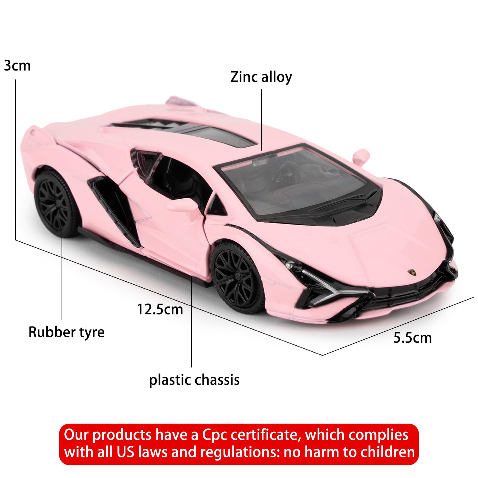 TGRCM-CZ Lamborghini Sián FKP37 Scala 1/36 – Auto Giocattolo In Lega Con Porte Apribili (Rosa)