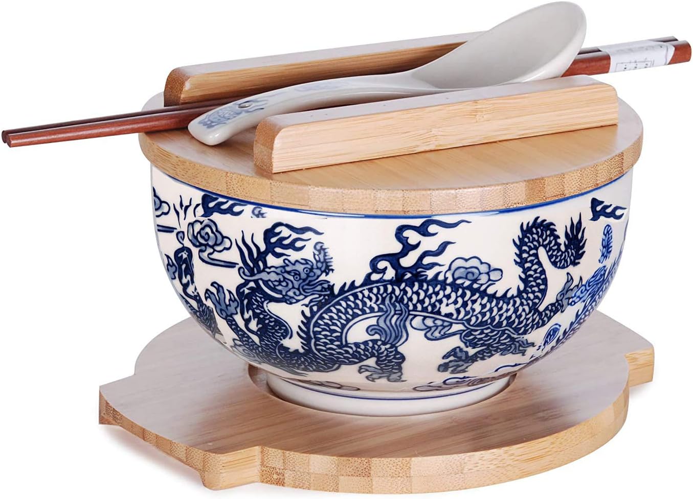 HSKM-DRGNB2, Japanese Kamameshi Vintage Style Rice Noodle Ramen Bowl with Bamboo Lid Trivet Chopsticks and Porcelain Spoon Bowl Set, Royal Dragon