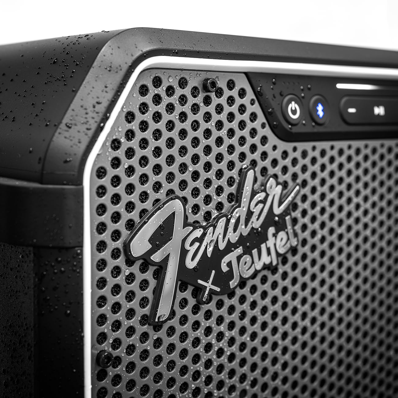 Teufel Fender x ROCKSTER Neo – Enceinte Bluetooth portée Ultra-puissante 130 DB, IP44 Anti-poussière et éclaboussures, Batterie LiFePO₄ Amovible 36 h (56 h Eco), entrées XLR/Jack, Party Link