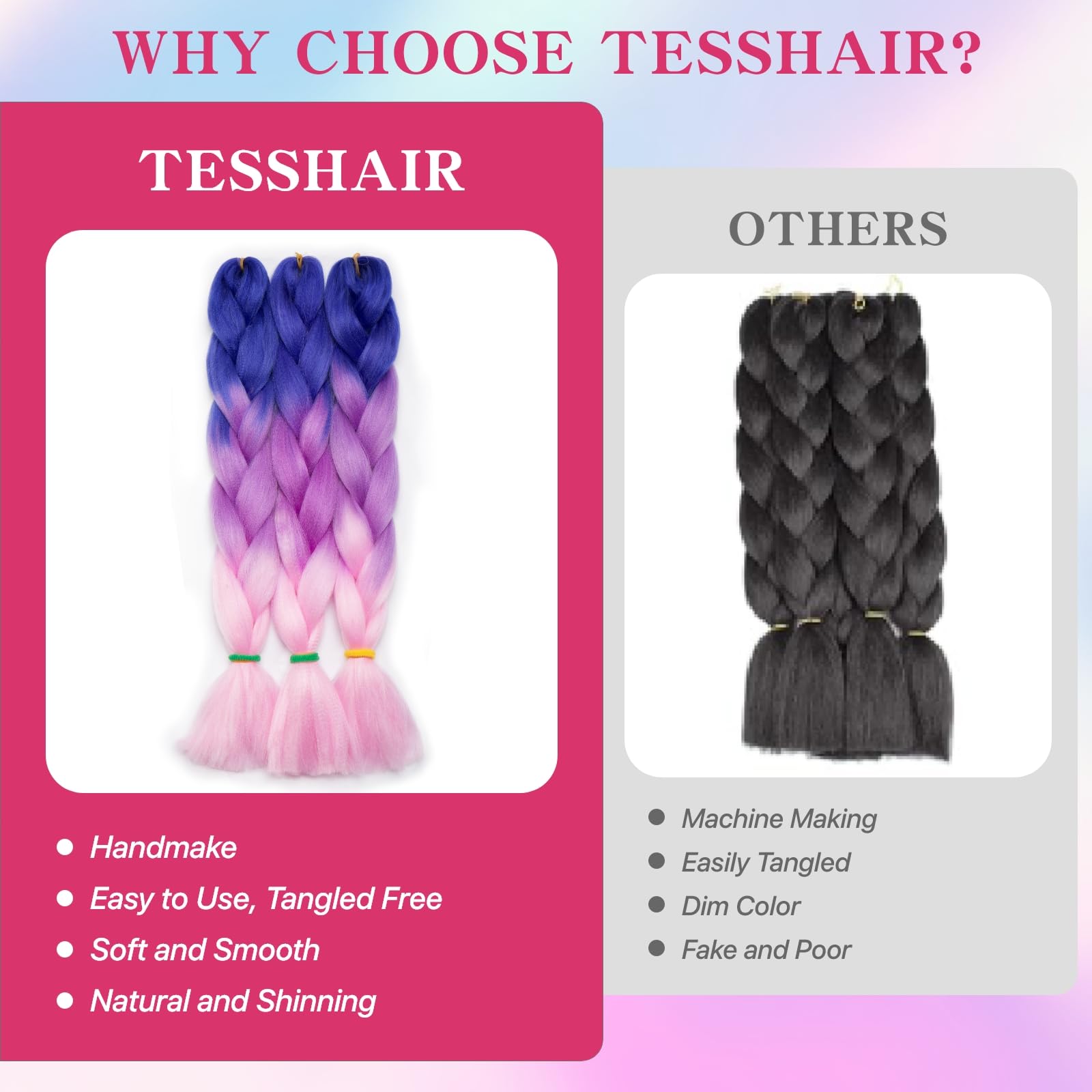 tesshair Braiding Hair Extensions 24 Inch Jumbo Braiding for Twist Braiding Synthetic Fashion Braids Extensions Hair Natural Braid Extensions for Women Grils (Blue/Purple/Pink - Image 3