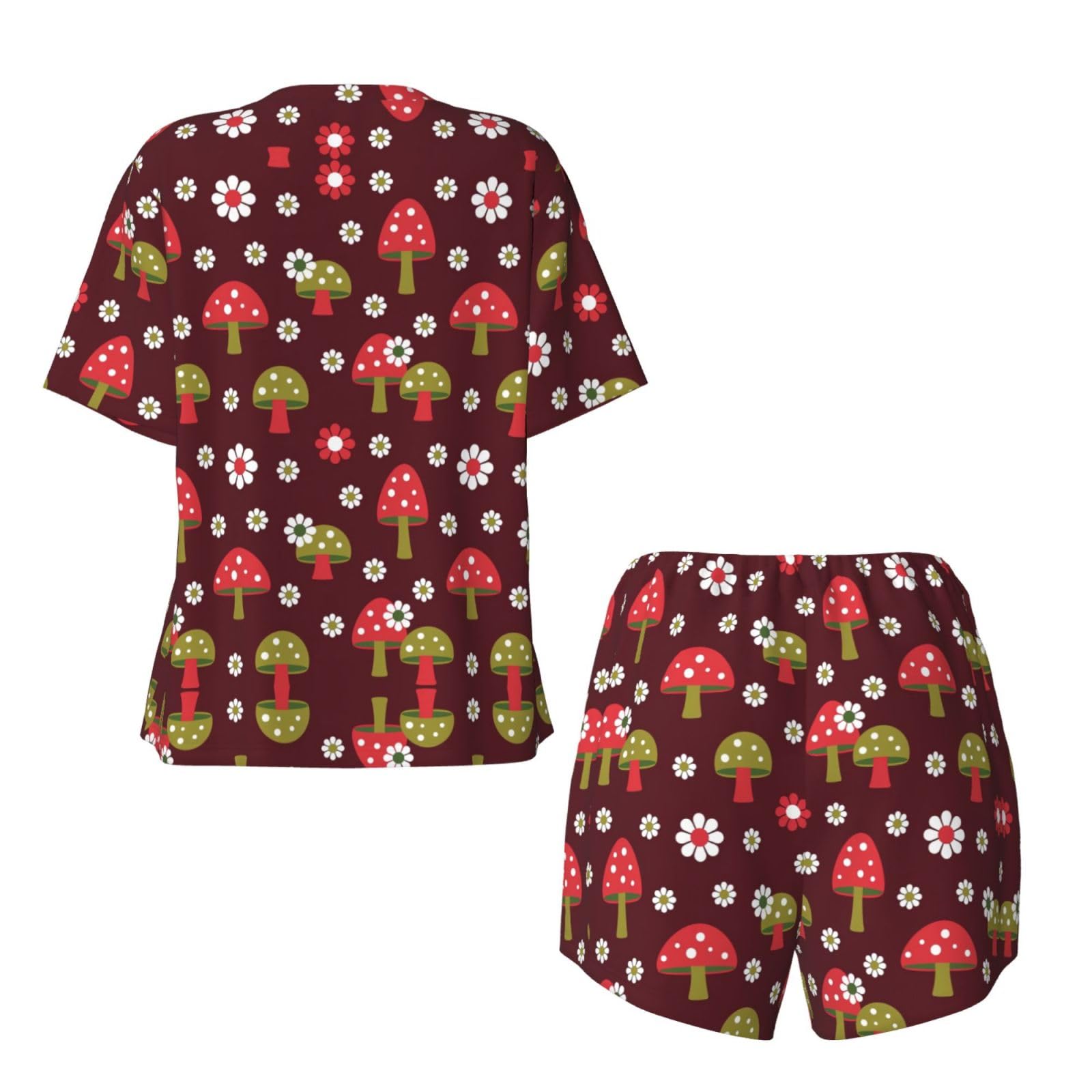Conjunto de pijama de manga corta para mujer, pijama con estampado artístico de hongos brillantes para otoño e invierno, ropa de descanso con botones, ropa casual