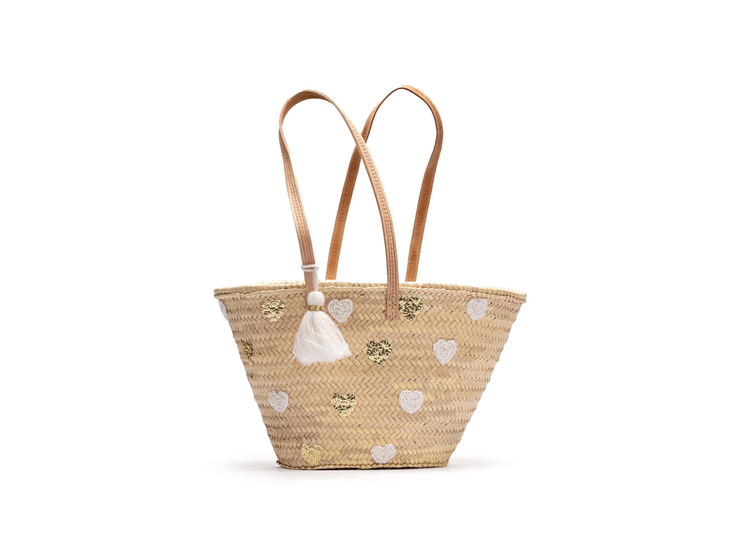 Capazo de playa paja, Bolso de mujer de palma con Corazones, doble Asas de Cuero, Pompón Decorativo, Aprox.: 45x28x18 cm, Natural