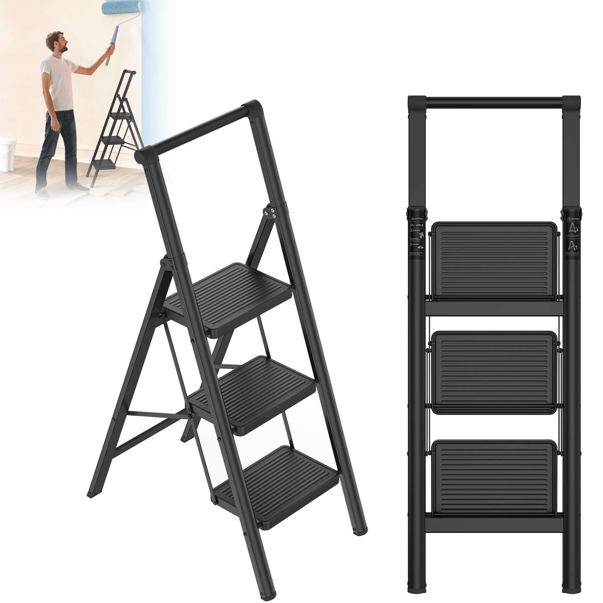 XMTECH Escabeau pliable à 3 marches avec main courante - Avec large pédale antidérapante - Charge maximale : 270 kg - Pour la maison, le bureau