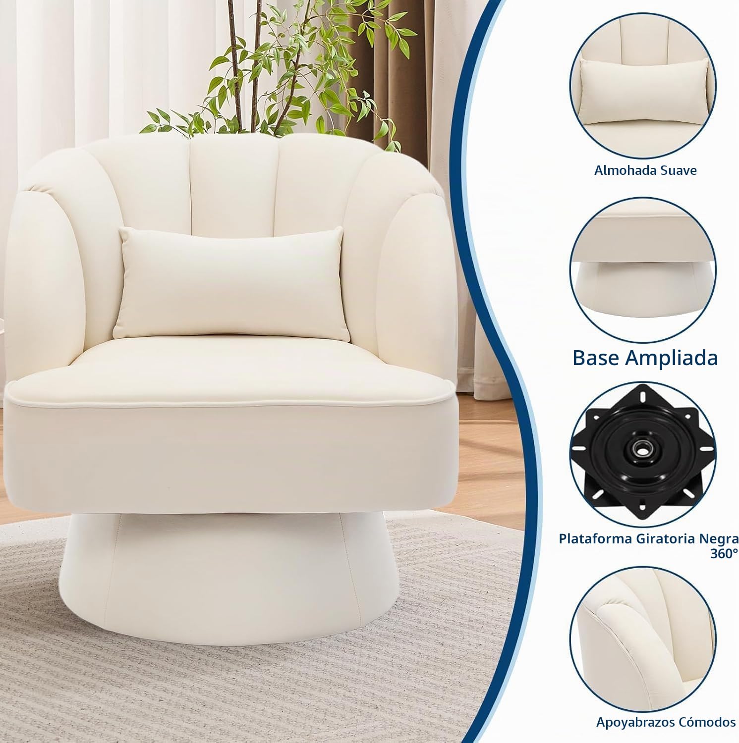 Sillón Giratorio Moderno, sillón Acolchado de Terciopelo de 360 Grados con Respaldo a Rayas y Acolchado de Felpa, cómodo sillón Redondo para salón, Dormitorio, rincón de Lectura