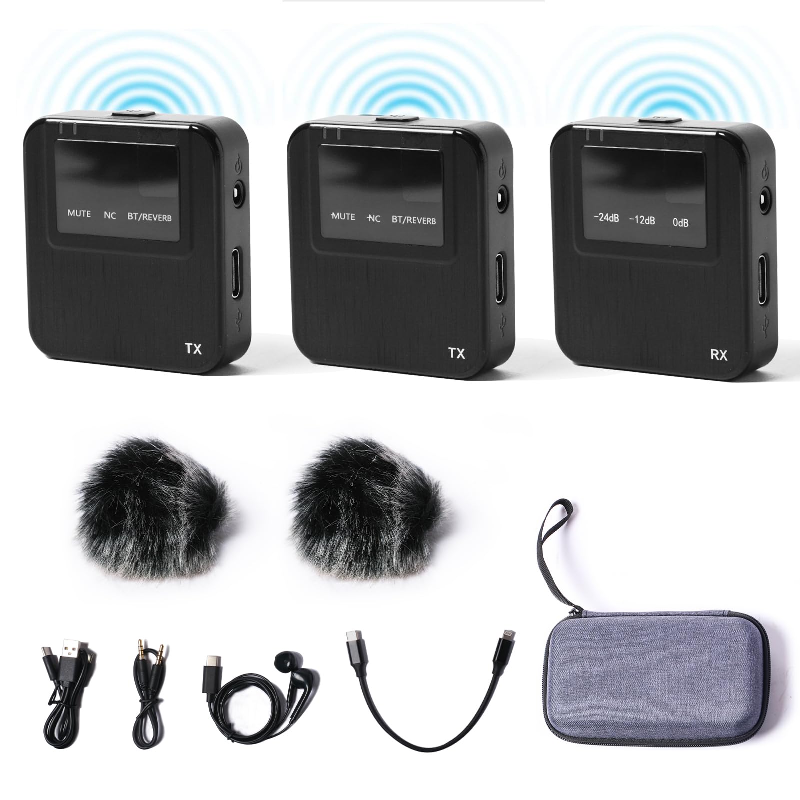2.4G Wireless Lavalier Microphone System, Noise Cancellation Mic w/LCD Screen, Auricular Monitoring Microphone for 1Phone,1Pad,DSLR Cameras,Android,Recording,Teaching,Interview,Live Streaming YouTube
