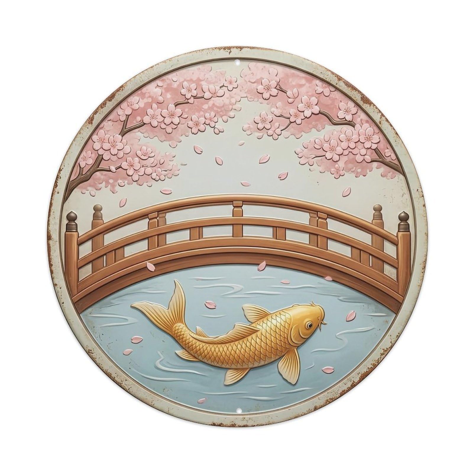 Cherry Wood Bridge Koi Fish Metal Tin Sign Plaque Wall Decor for Cafe, Club, Garden Round Metal Poster 8x8Inch