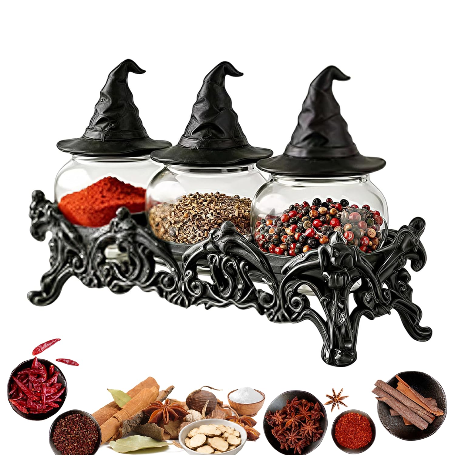 Witchy Hat Apothecary Spice Jars with Base Resin Gothic Salt and Pepper Glass Bottle Set Funny Witchy Hat Lids Vintage Salt Containers Accessories Decorations Gifts for Halloween Kitchen (3Pcs)